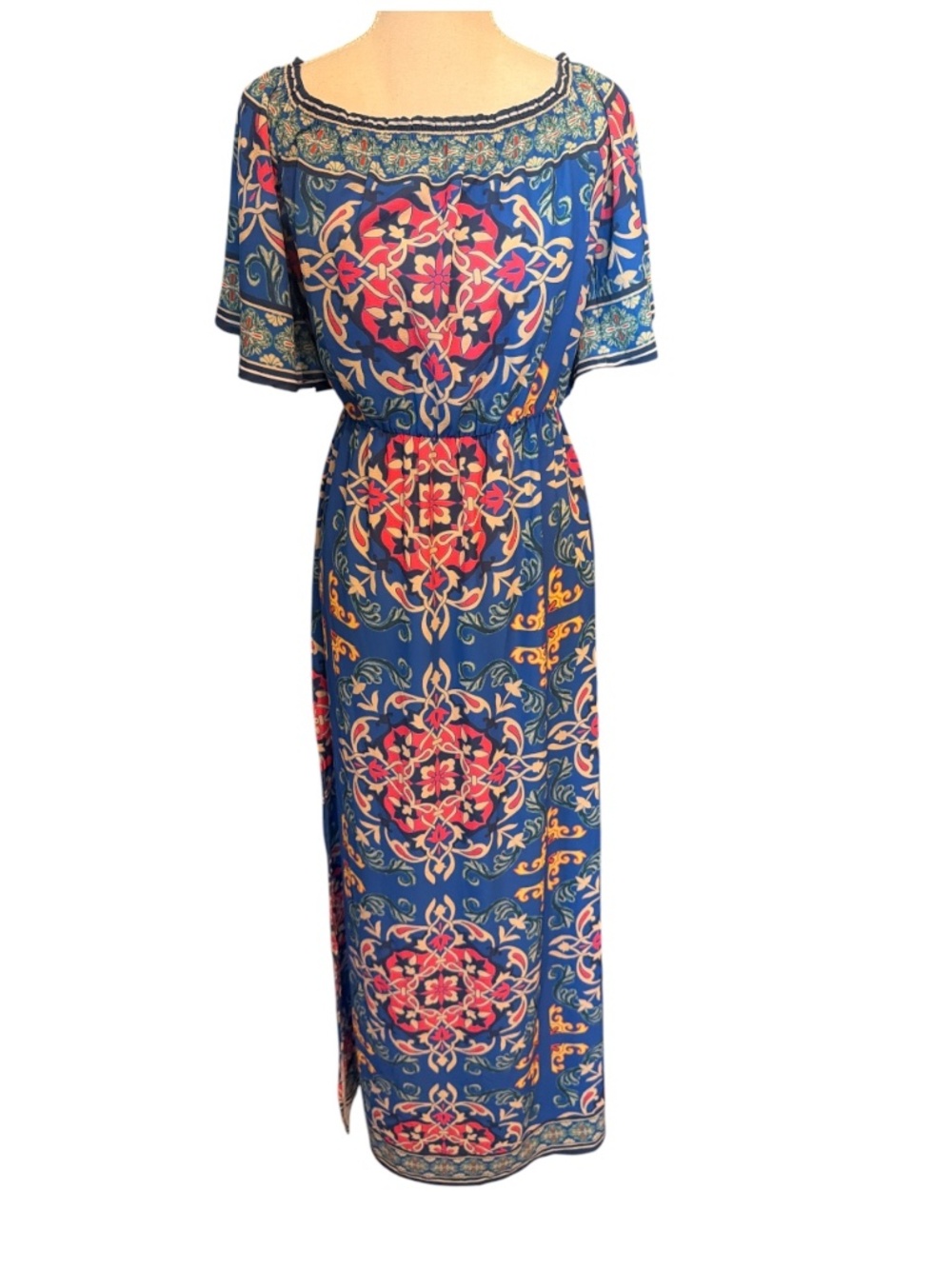 Flying Tomato Boho Folk Print Maxi Dress Blue Red Size M